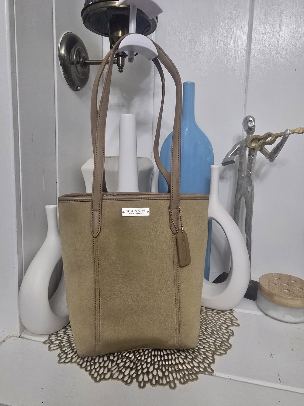 Coach Tan Suede Tote Bag with Leather Trim